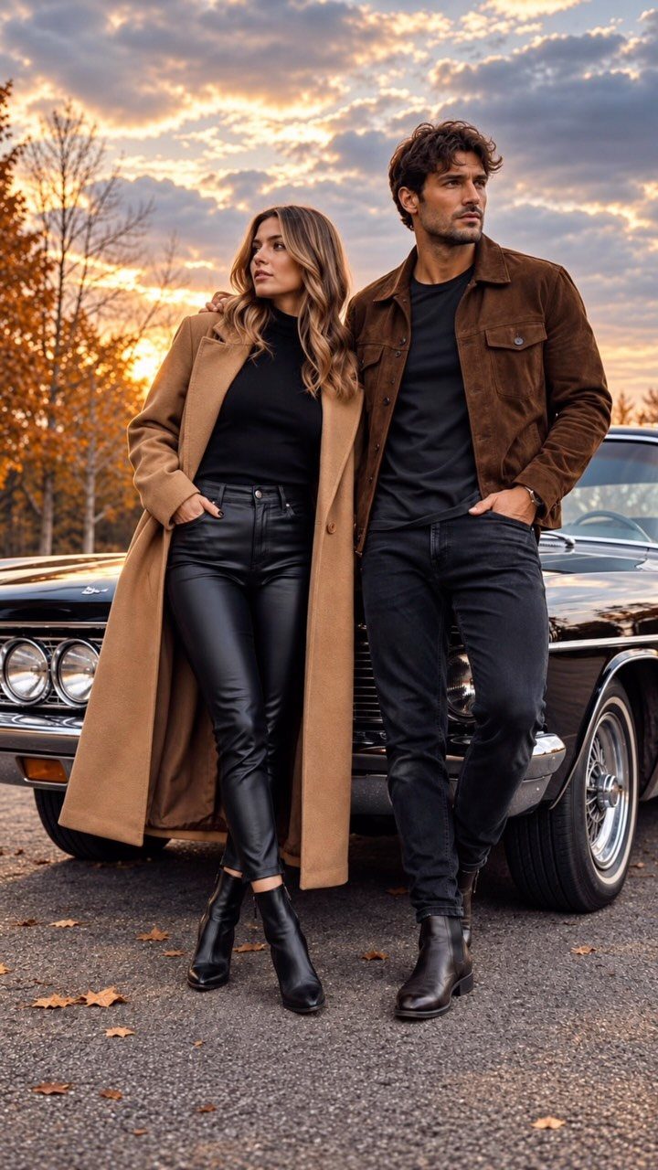 Man and woman in autumn attire posing next to a vintage black car
