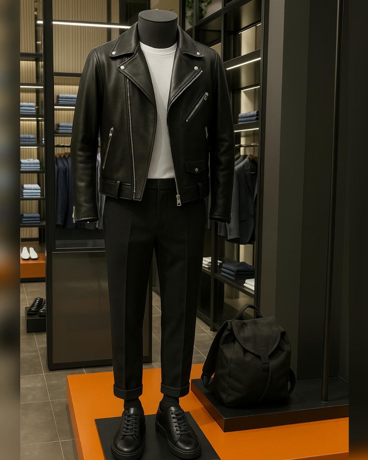 Black leather moto jacket on a mannequin with white t-shirt and black trousers