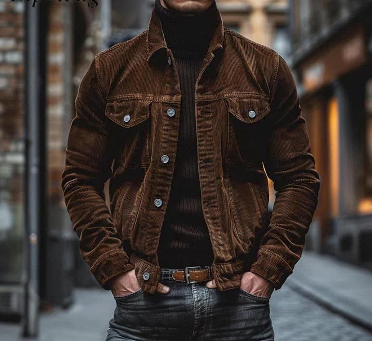 Man wearing a brown corduroy jacket over a black turtleneck and grey jeans.