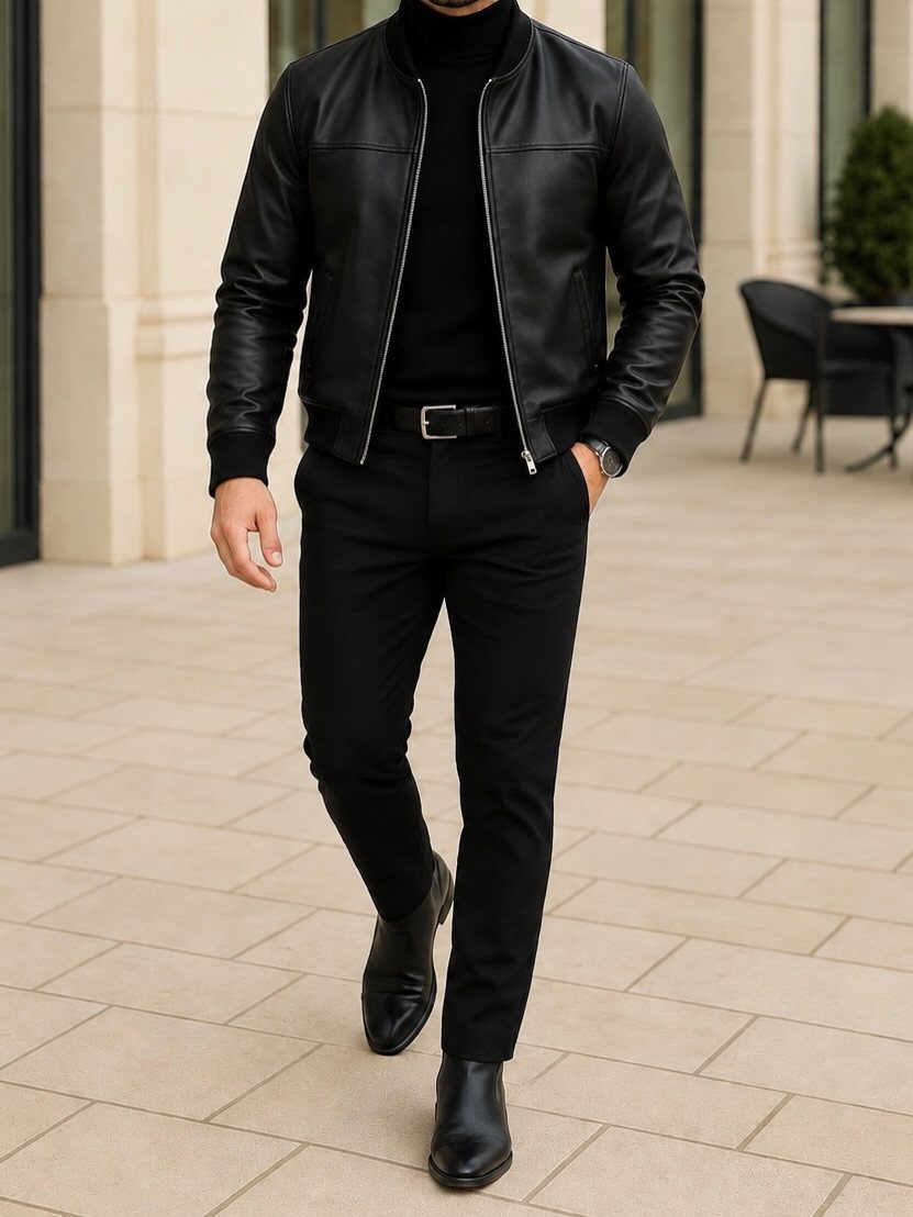 Man wearing black leather bomber jacket, black turtleneck, and black trousers on pavement