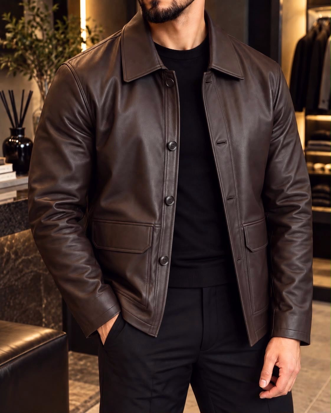 Man wearing a dark brown leather jacket over a black t-shirt and trousers