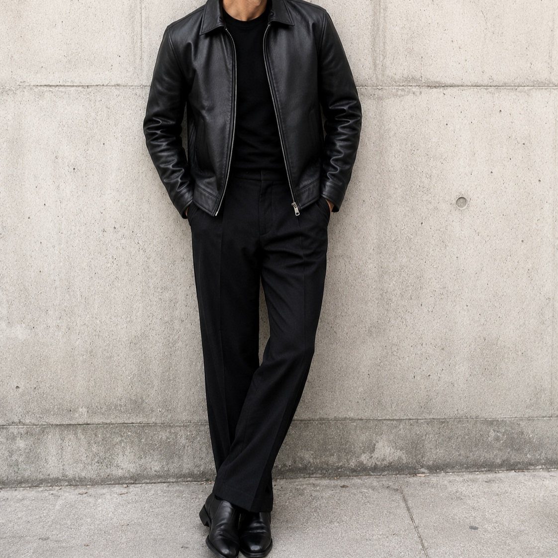 Man wearing a black leather jacket and black trousers against a concrete wall.