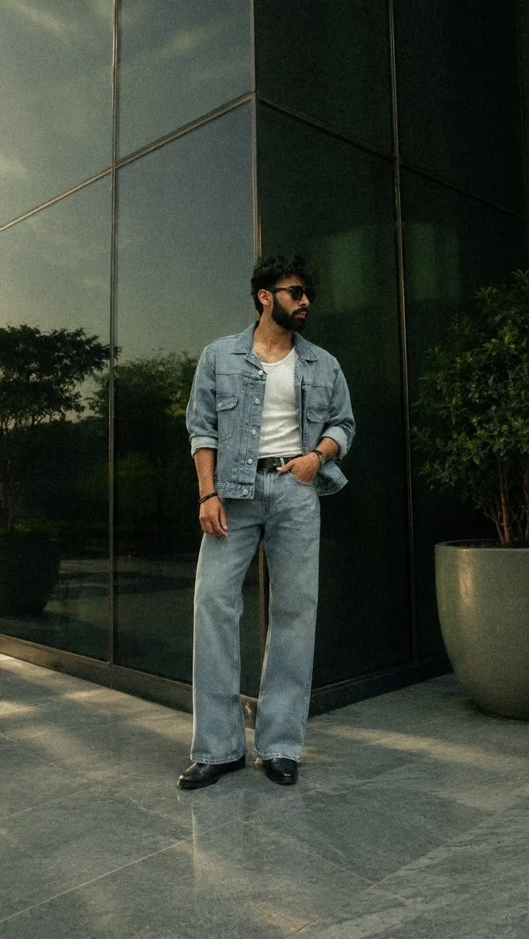 Man wearing a light-wash denim jacket and matching wide-leg jeans with white t-shirt.