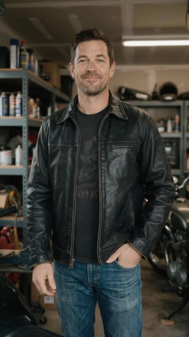 Man wearing a black leather biker jacket standing in a garage with a motorcycle.