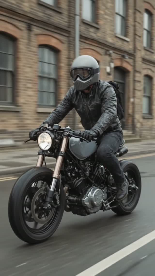 Person in black leather jacket riding a grey cafe racer motorcycle on city street