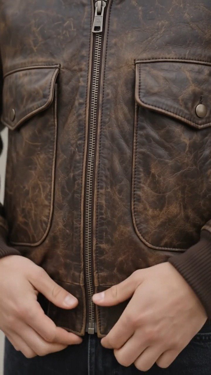 Brown distressed leather jacket with chest pockets and central zipper on a person