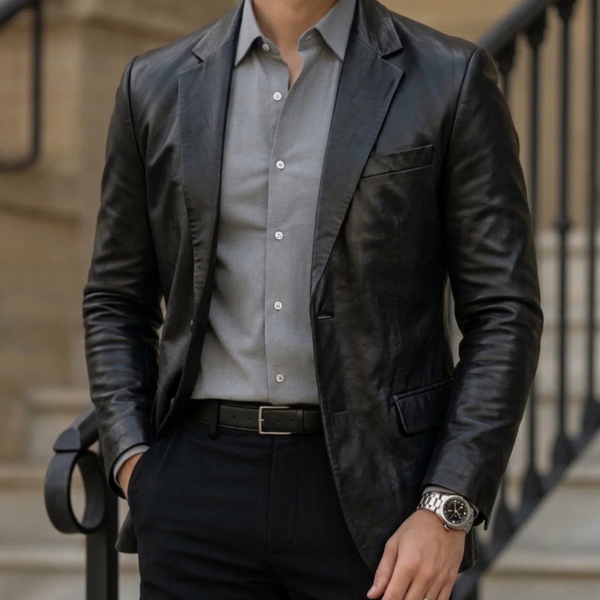Man wearing a black leather blazer with a grey shirt and black trousers.