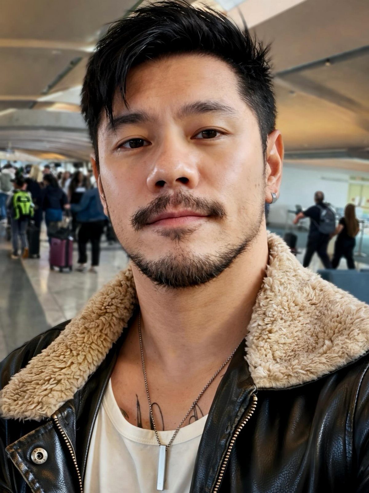 Man wearing a black leather flight jacket with a beige shearling collar.