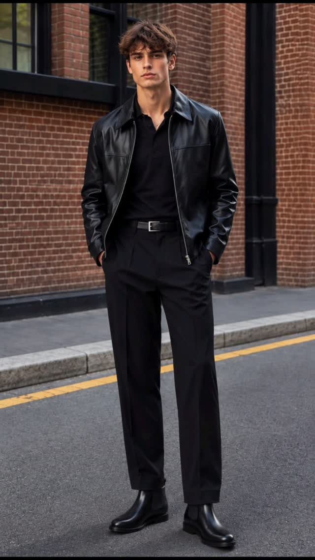 Man wearing a black leather jacket, black trousers, and boots on a city street