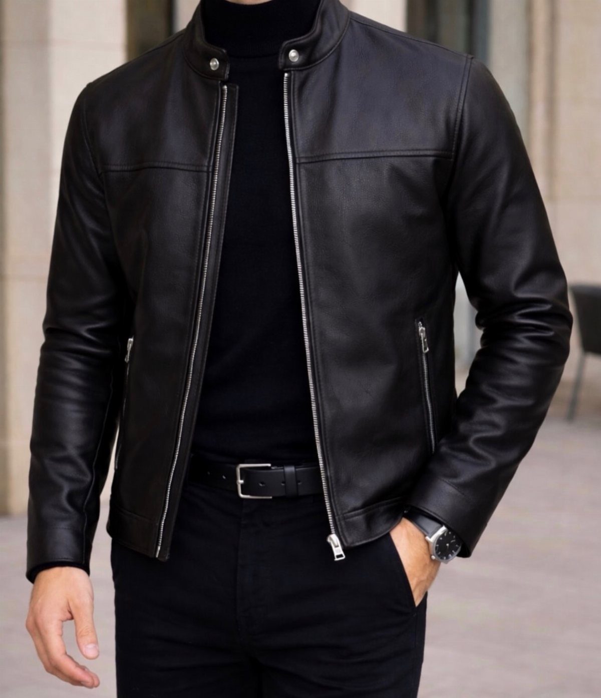 Man wearing a black leather jacket over a black turtleneck and black trousers.