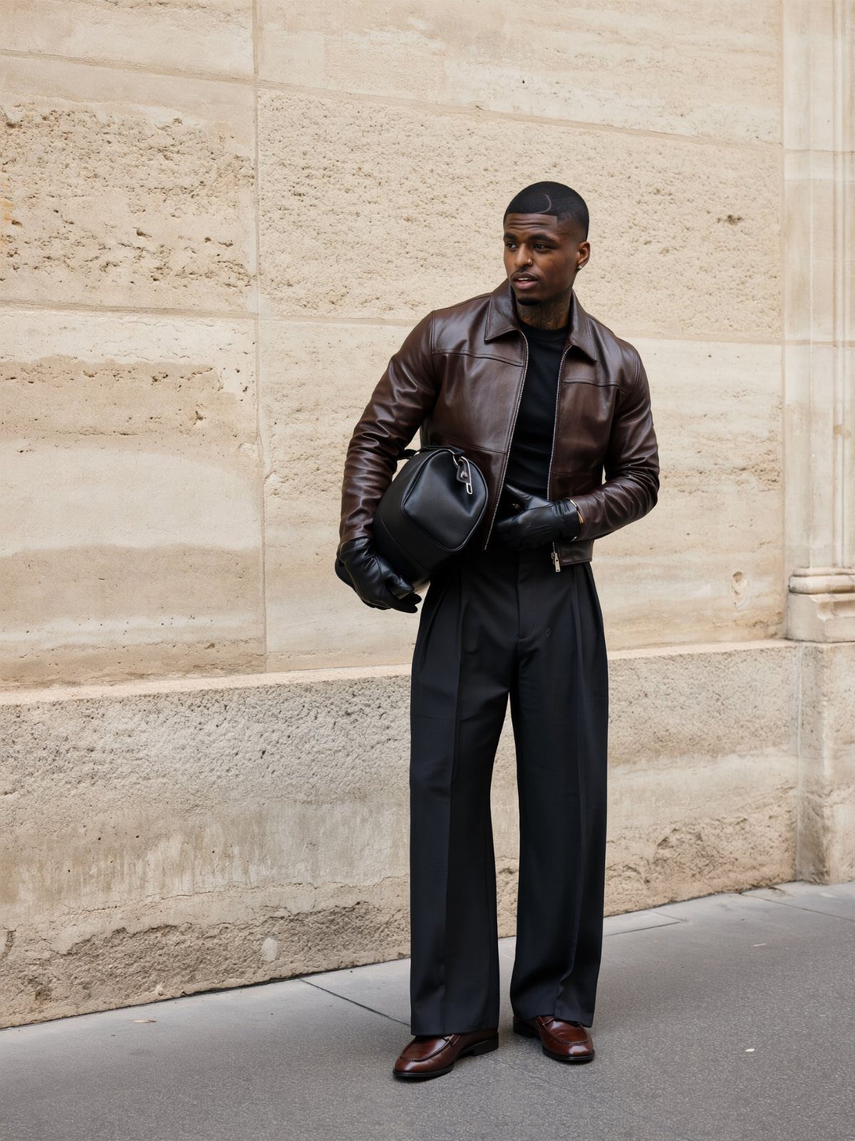 Man in brown leather jacket, black t-shirt, and wide-leg black trousers standing outdoors.