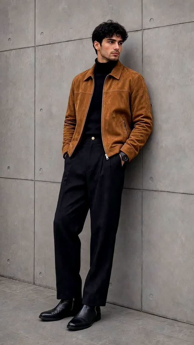 Man in brown suede jacket and black turtleneck leaning against grey wall