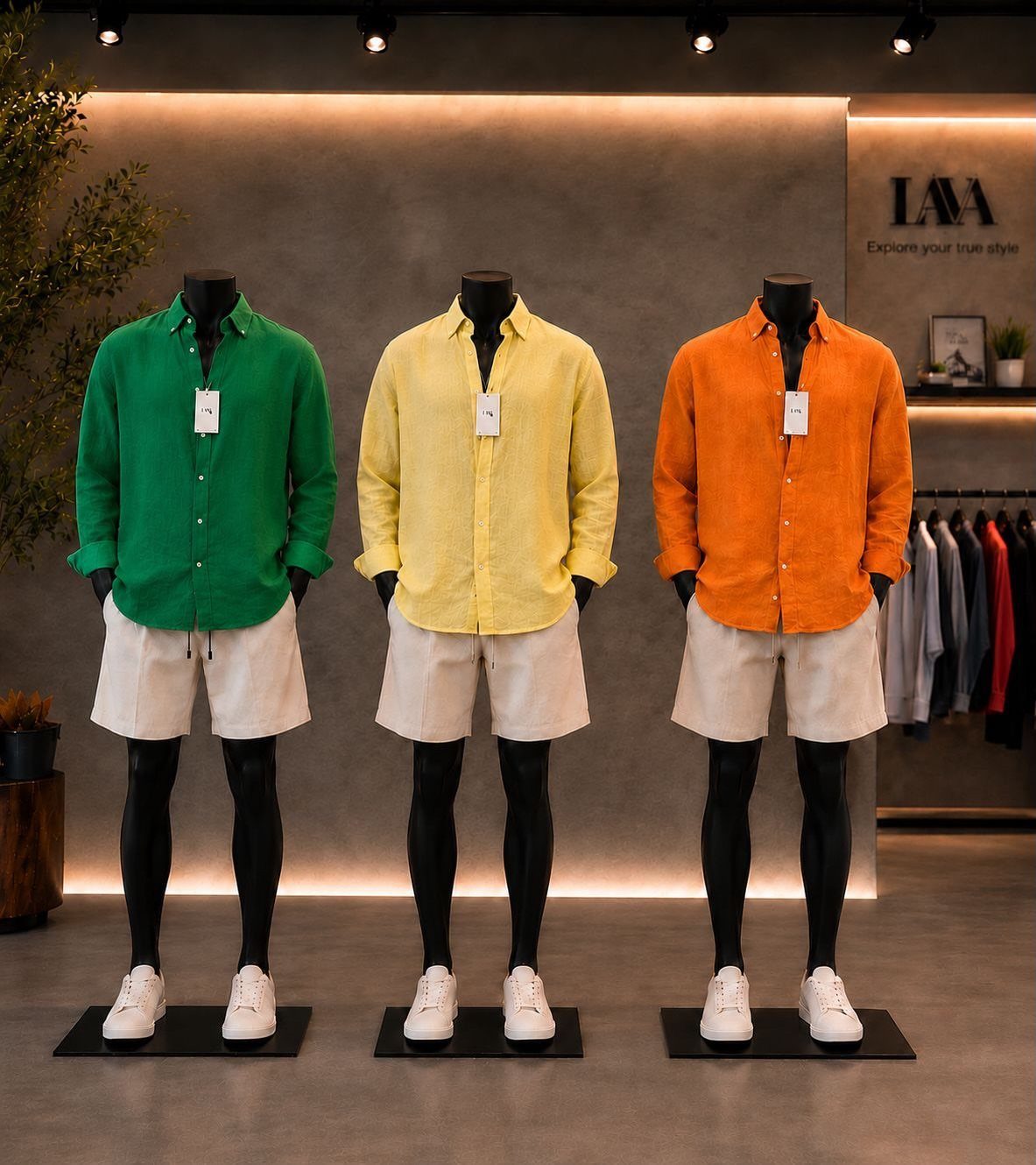 Three mannequins wearing bright green, yellow, and orange shirts with white summer shorts.