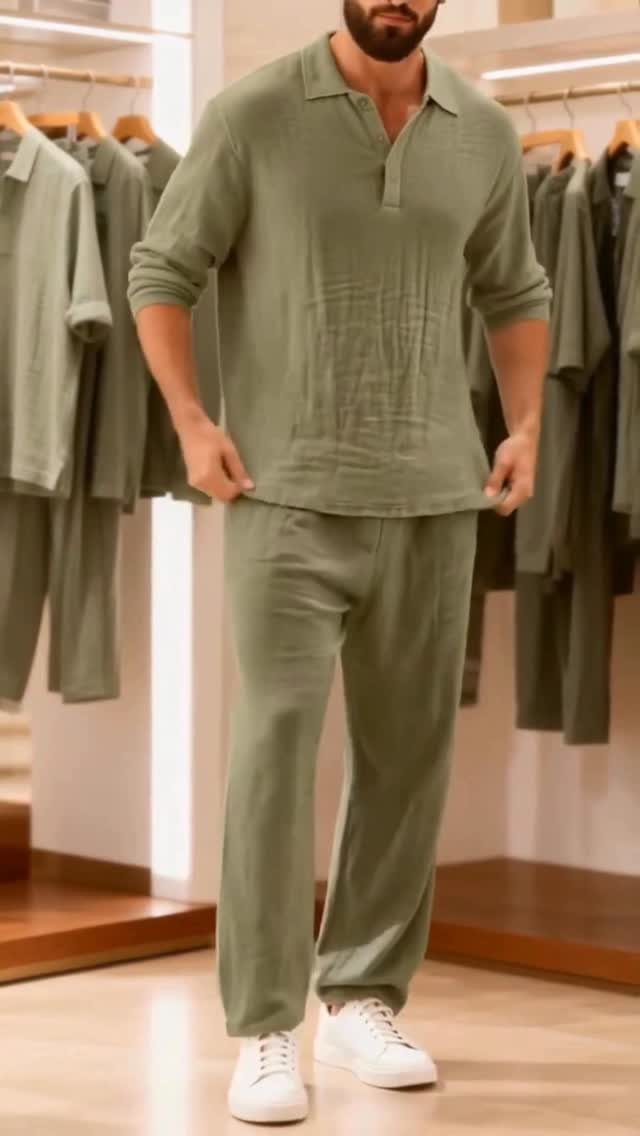 Man wearing olive green linen shirt and trousers with white sneakers in store
