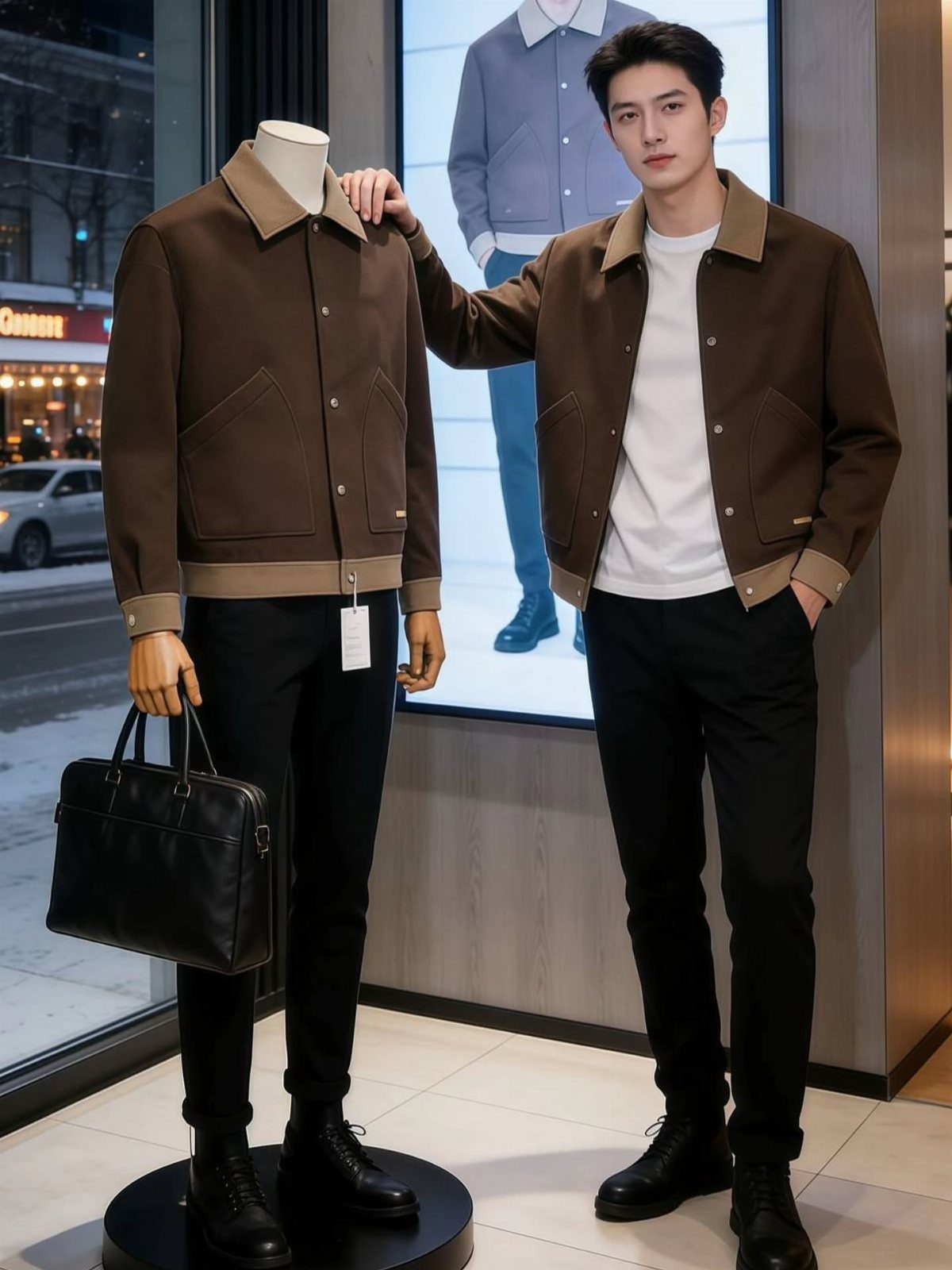 Man and mannequin wearing brown jackets with black skinny jeans and black boots
