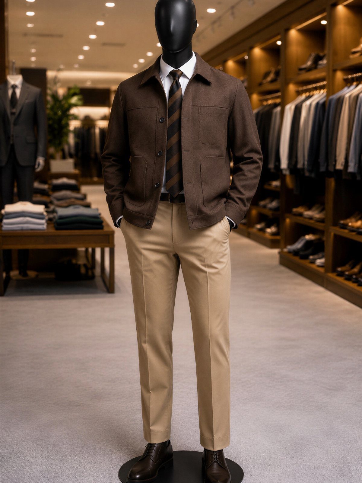 Mannequin wearing a brown coat, white shirt, striped tie, and khaki chinos.
