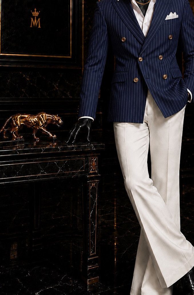 Man wearing a navy pinstripe double-breasted blazer and white trousers in luxury setting