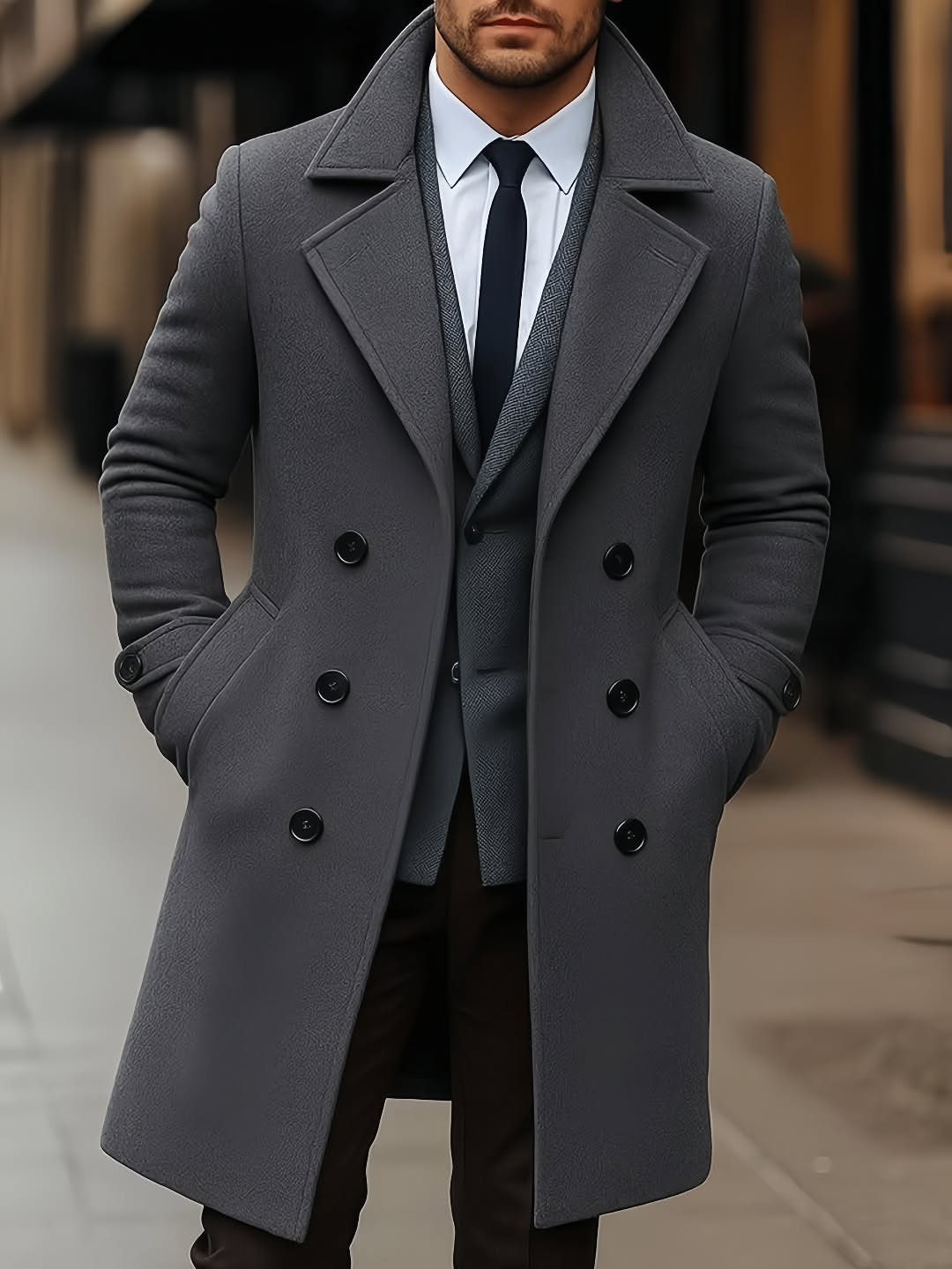 Man wearing a grey double-breasted wool overcoat over a formal suit and tie.