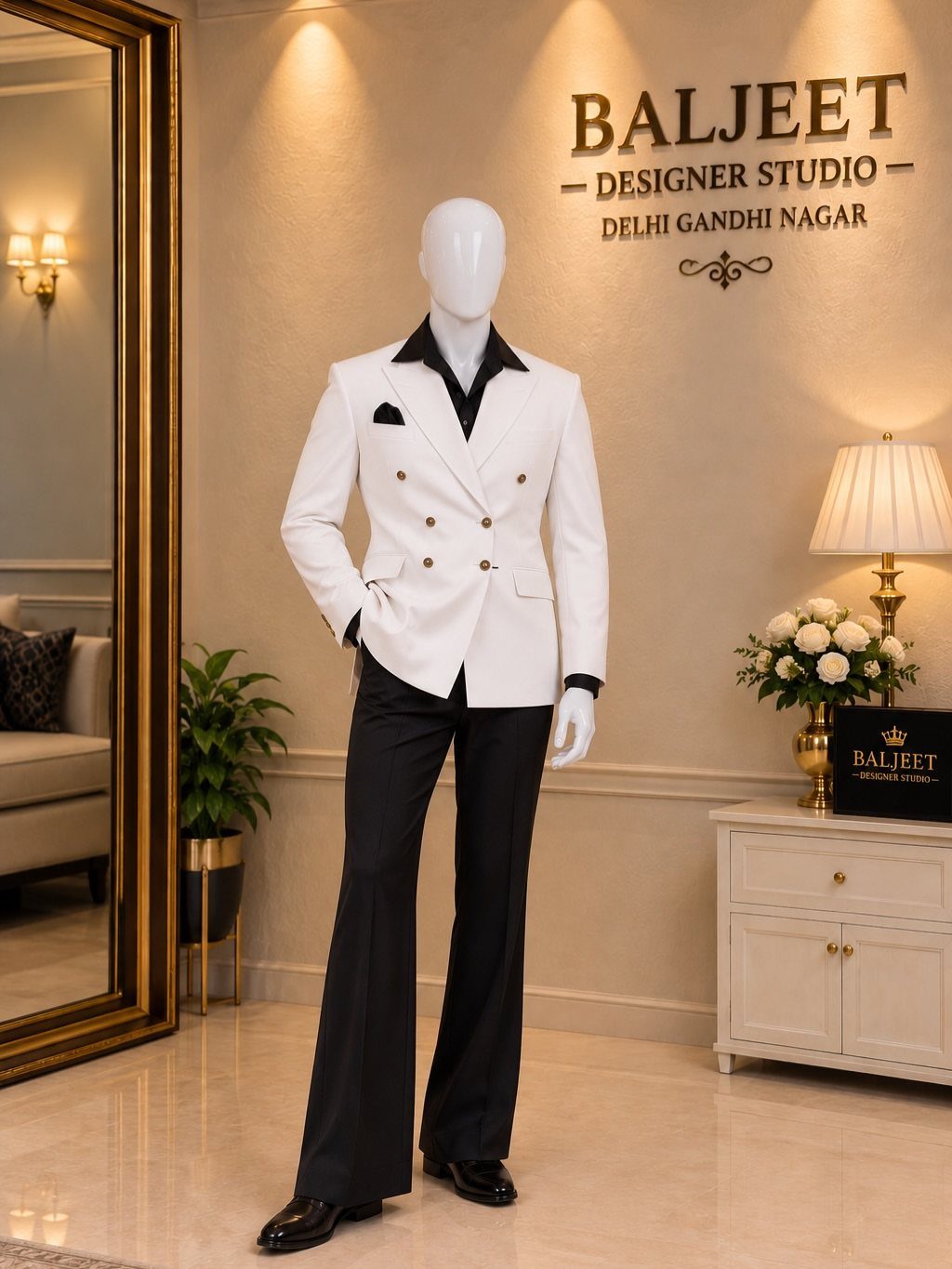 White double-breasted blazer and black trousers on a mannequin in a designer studio.