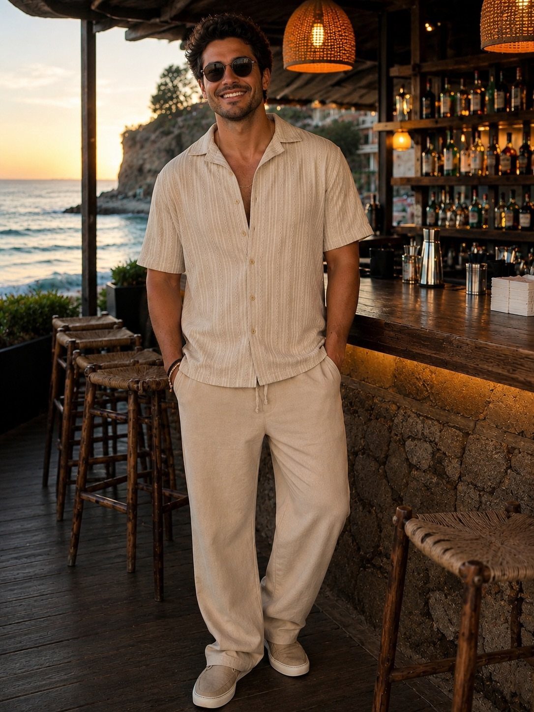 Man in beige linen shirt and matching trousers standing at a beach bar.
