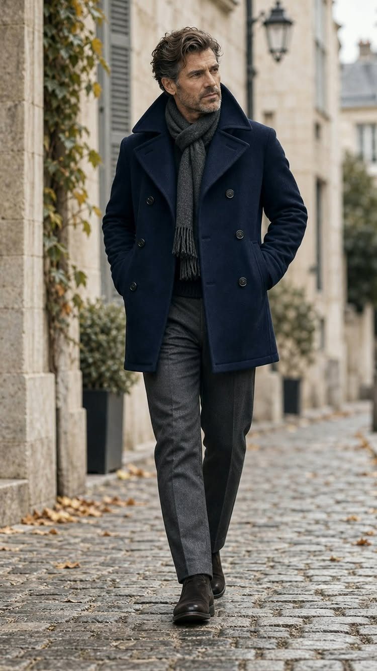Man wearing a navy blue peacoat and grey scarf walking on cobblestone street
