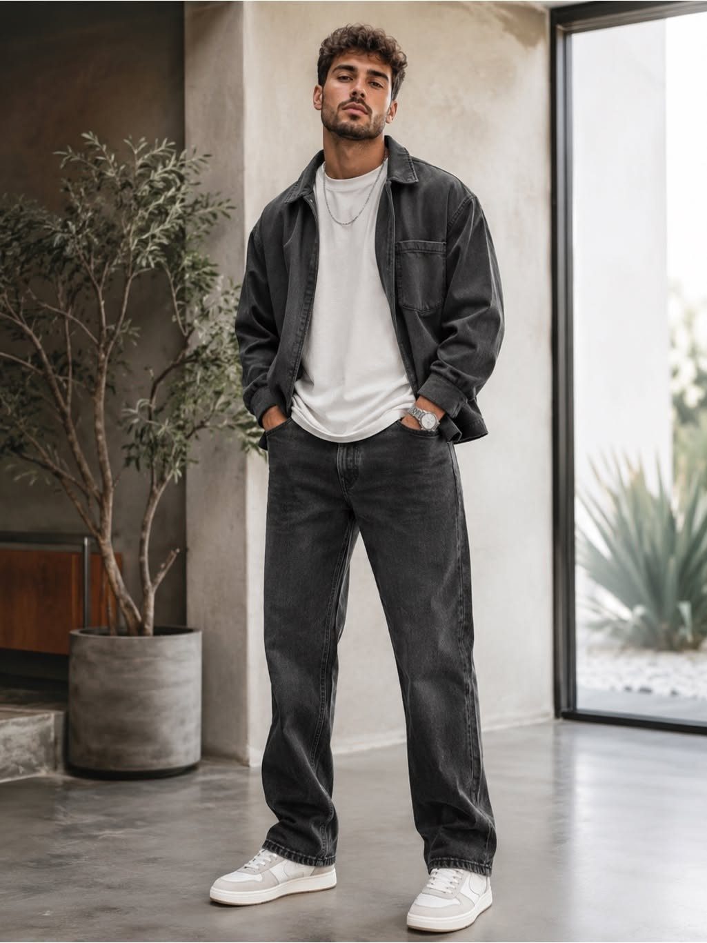 Man wearing a dark denim jacket, white t-shirt, and black jeans with white sneakers.