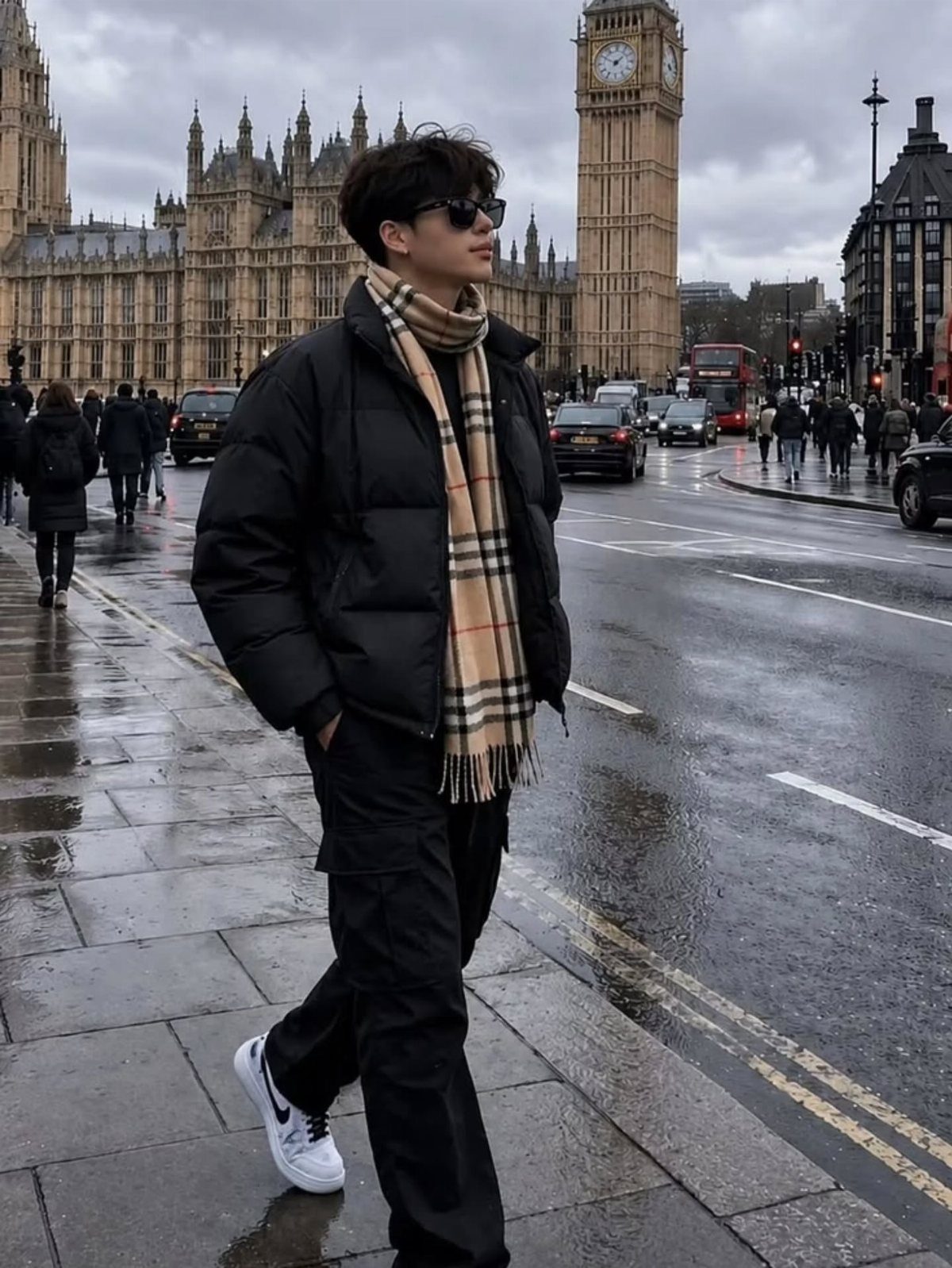 Man in black puffer jacket and beige checkered scarf standing near Big Ben.