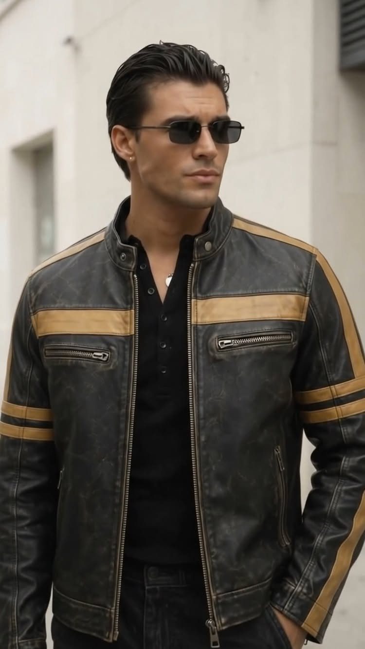 Man wearing a black leather racer jacket with tan stripes and dark sunglasses.
