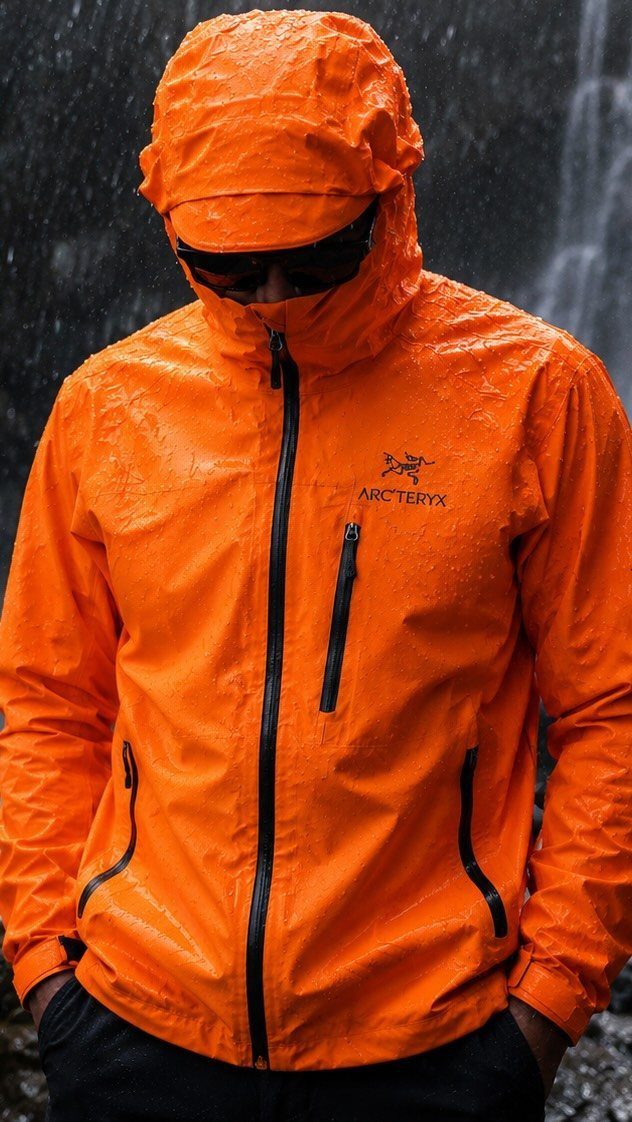 Person in a bright orange waterproof hooded jacket standing in the rain.