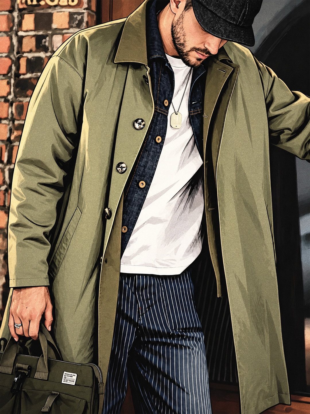 Man in olive green raincoat, denim shirt, and pinstriped trousers holding a bag.