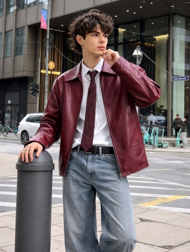 Young man wearing a red leather jacket, white shirt, tie, and blue jeans.