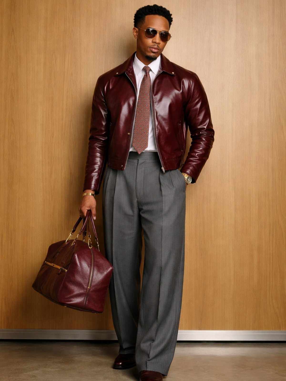 Man in red leather jacket and charcoal dress pants holding a red leather bag