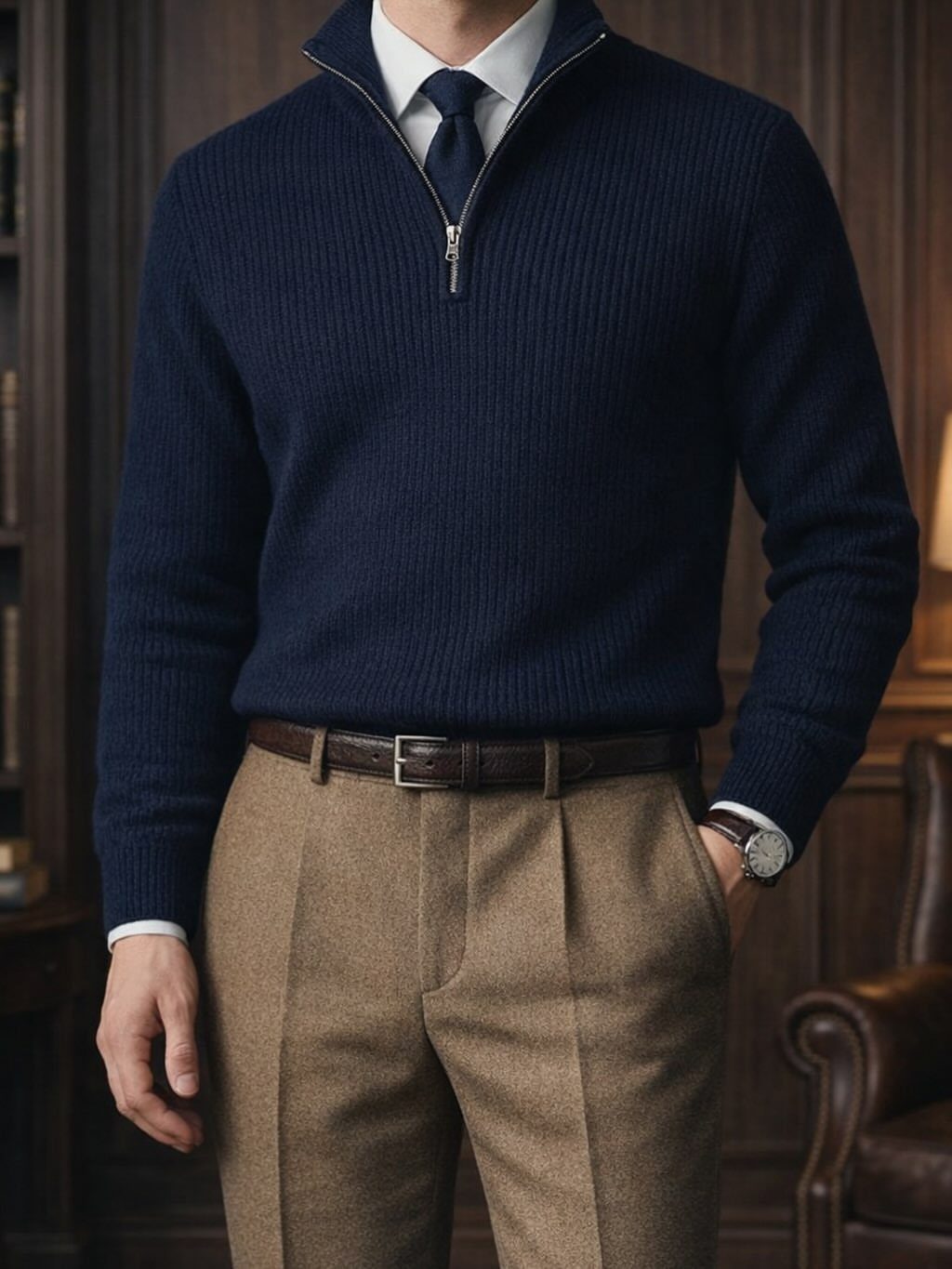 Man wearing a navy blue quarter-zip sweater with brown pleated trousers and tie.