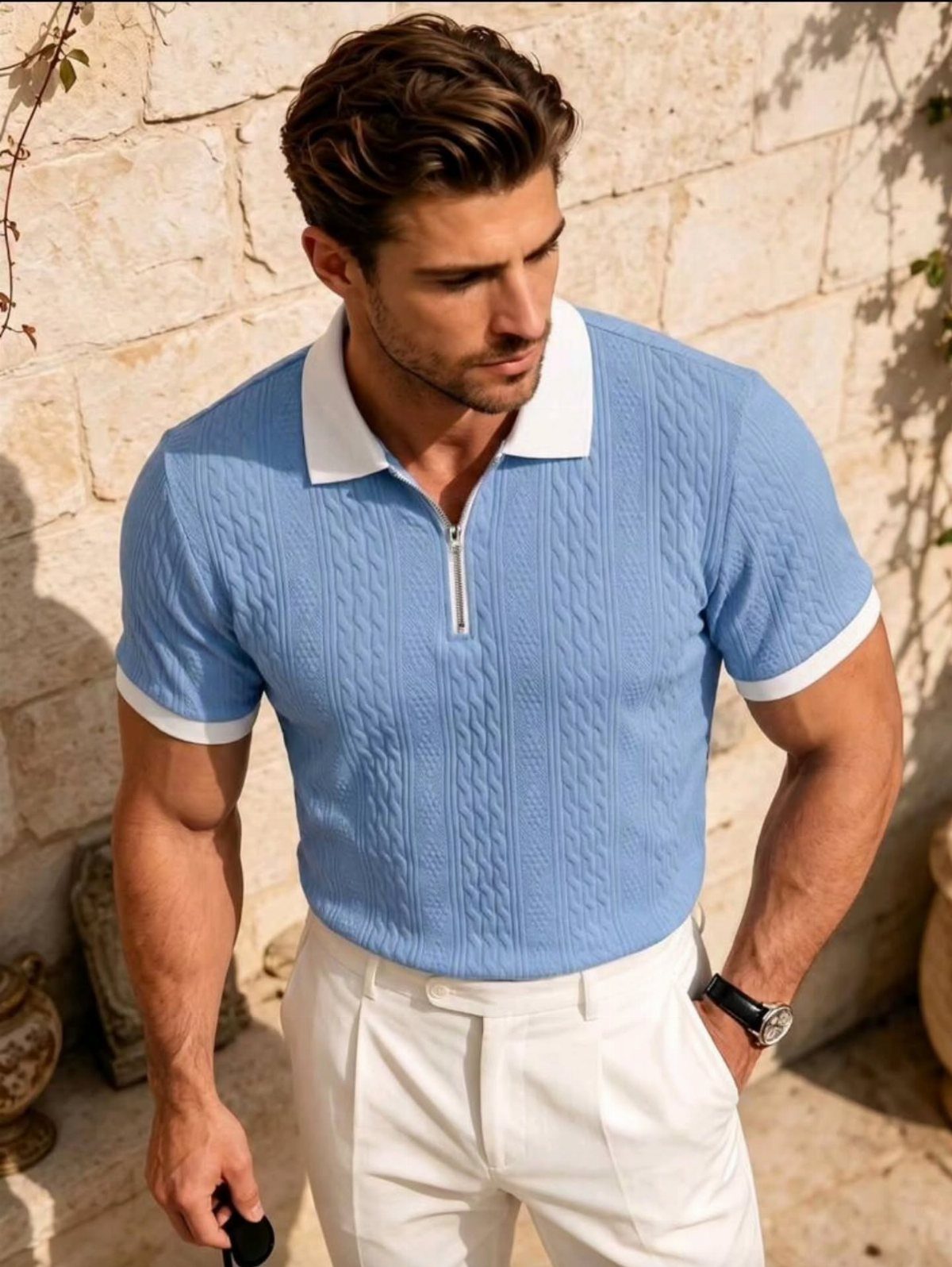 Man wearing a light blue knit polo shirt and white trousers by a stone wall