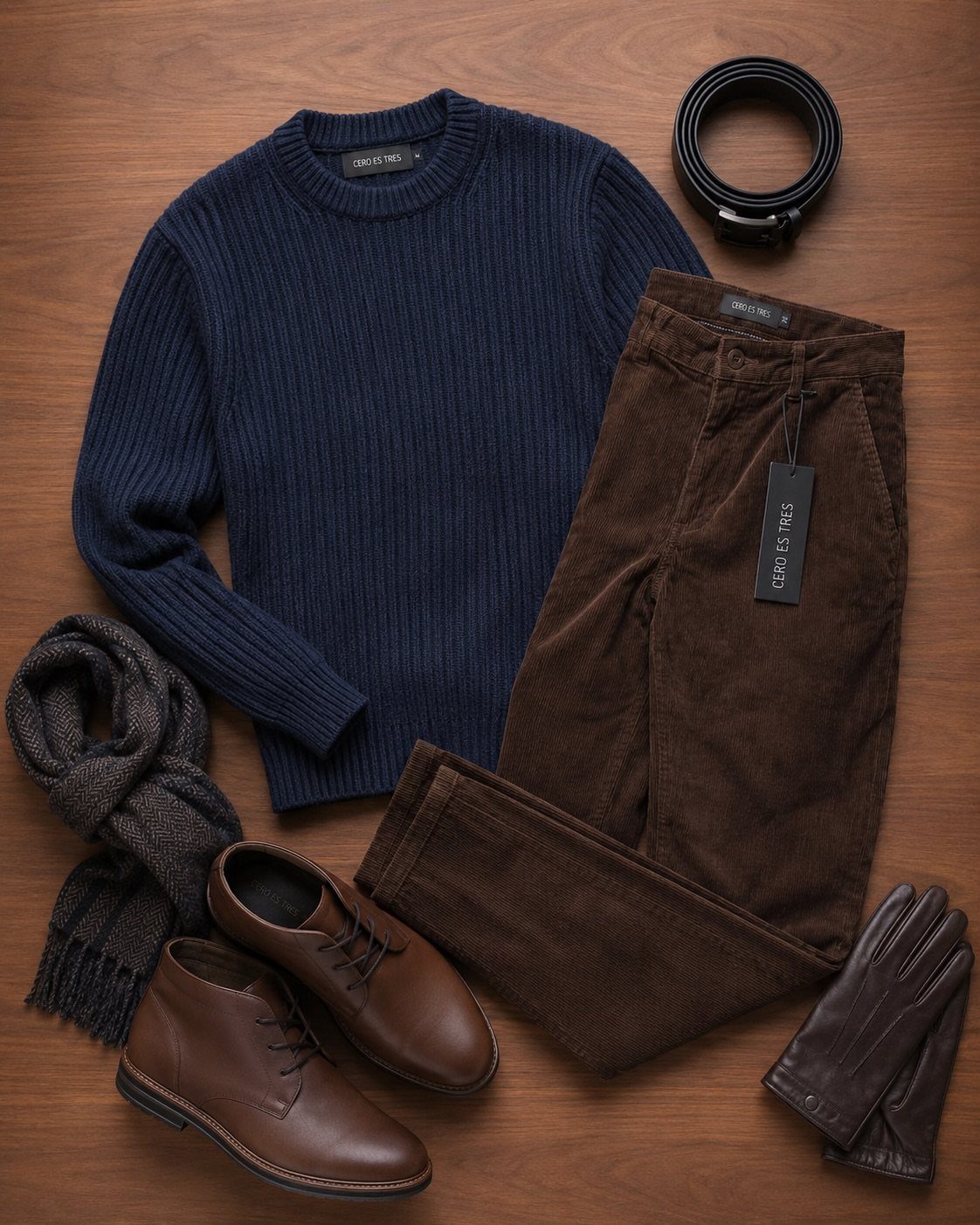 Brown corduroy pants paired with a navy sweater and leather boots on wood.