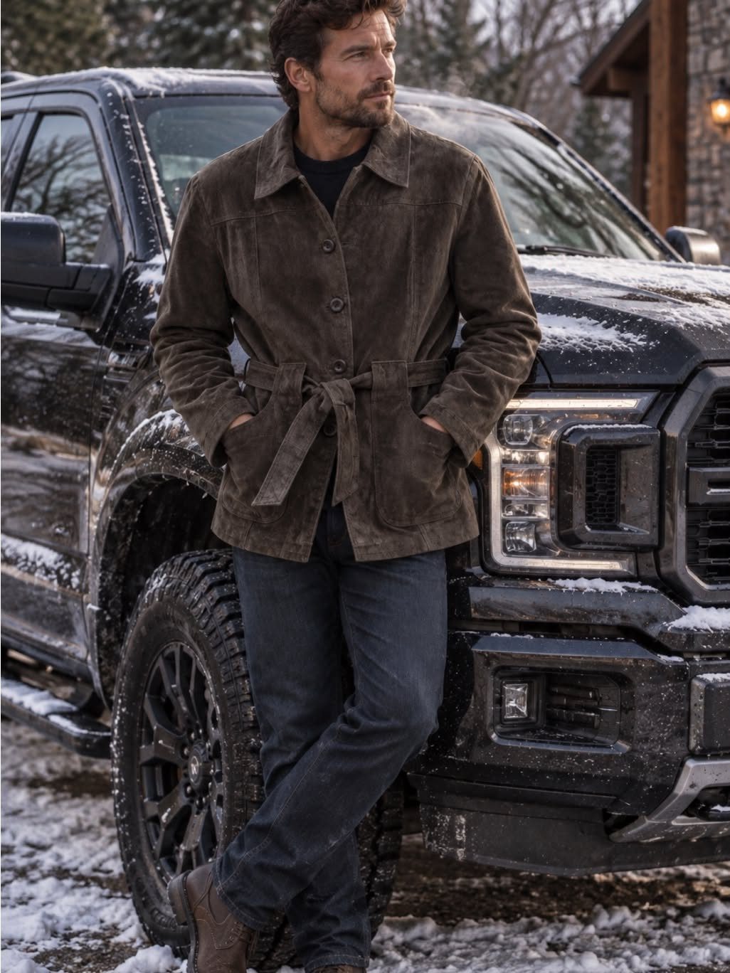 Man wearing a brown belted suede trench coat leaning against a black truck.