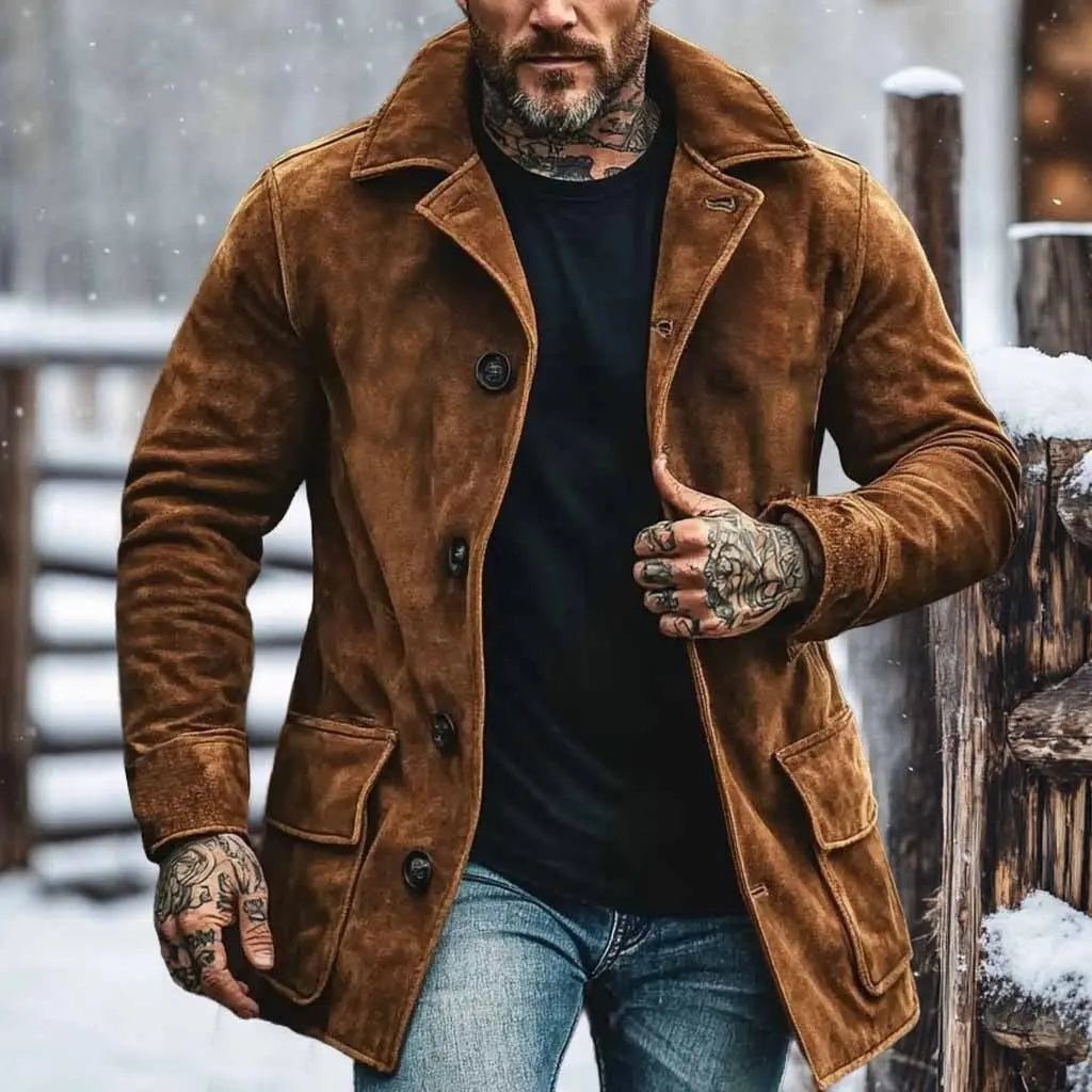 Man wearing a brown suede trench coat and jeans in a snowy outdoor setting.