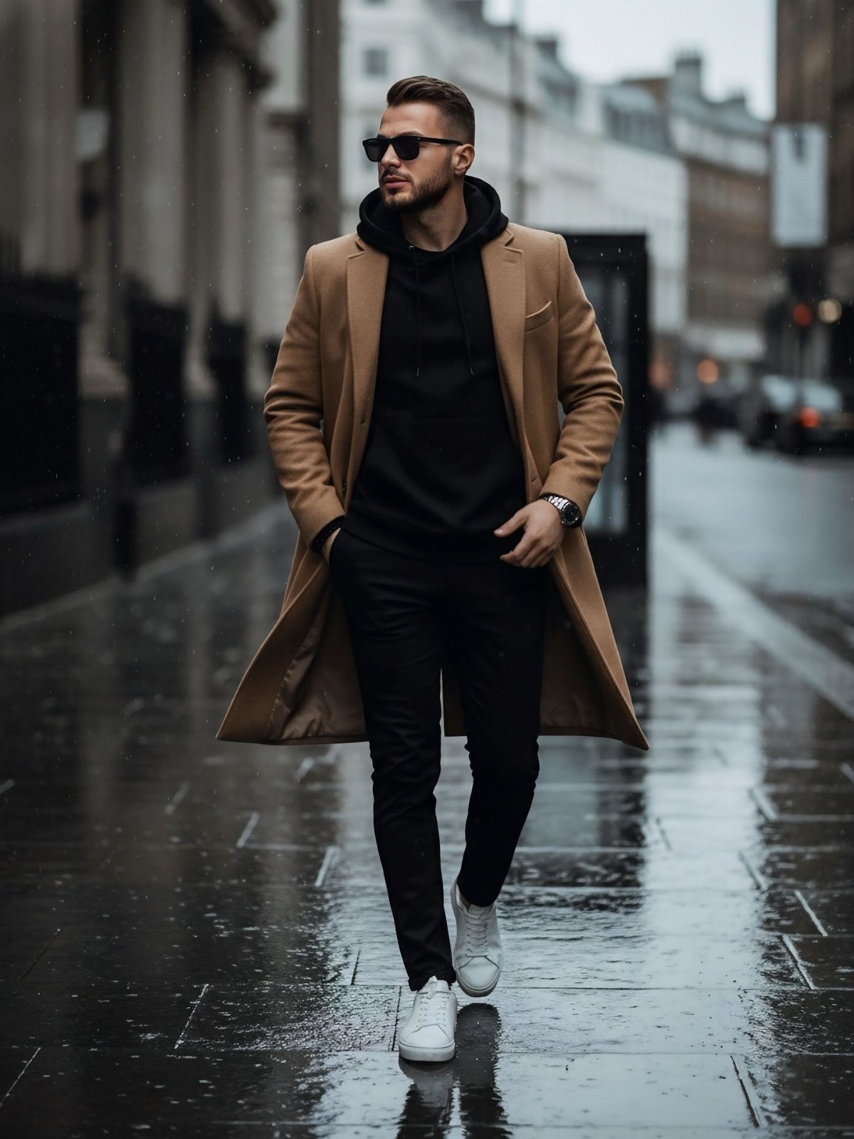 Man in tan trench coat and black hoodie walking on wet city street