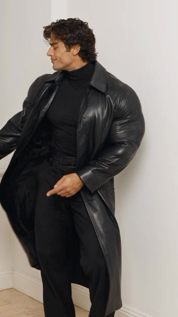 Man wearing a long black leather trench coat and black turtleneck against white wall