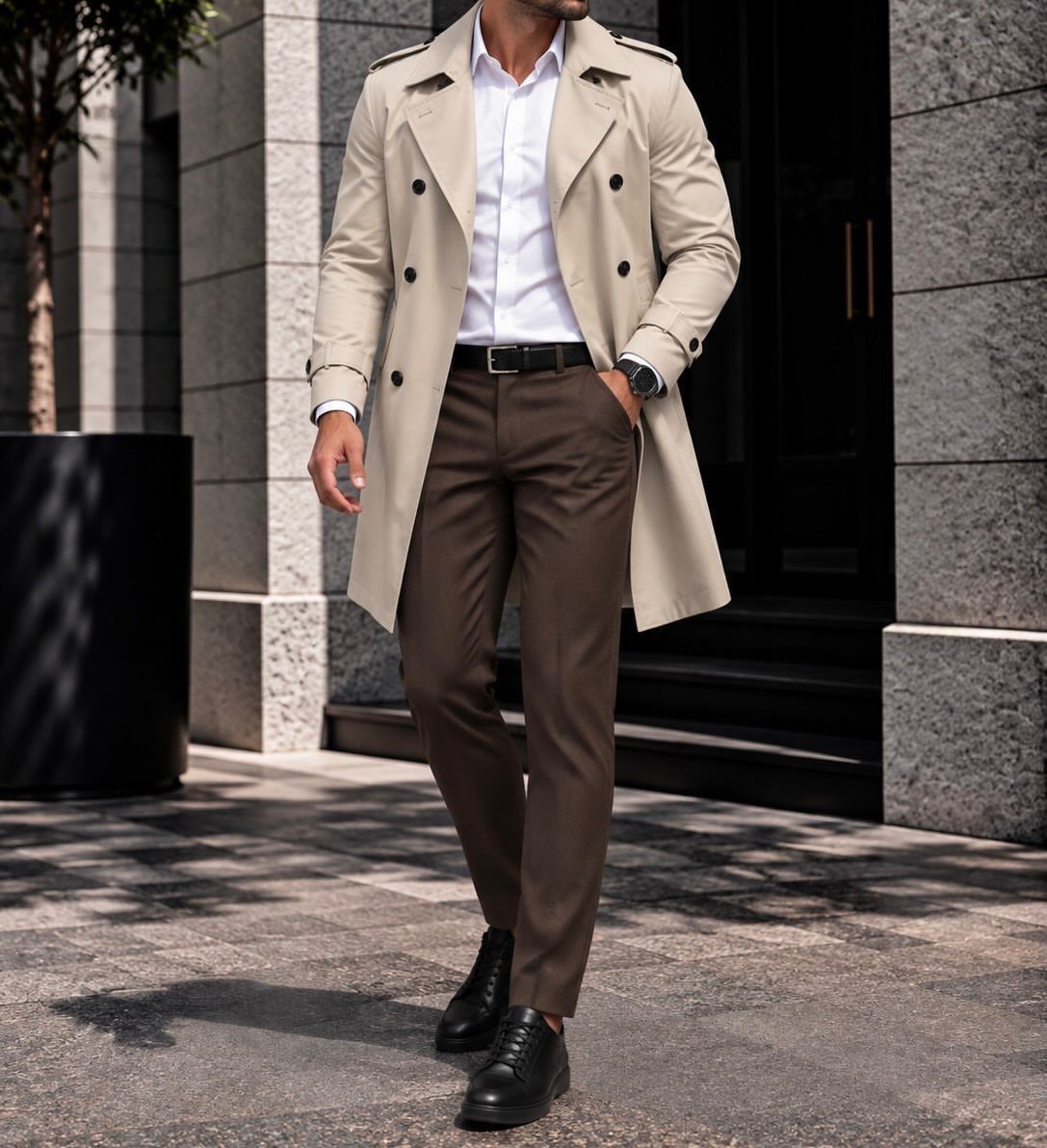 Man wearing a tan trench coat, white shirt, and brown dress trousers outdoors.