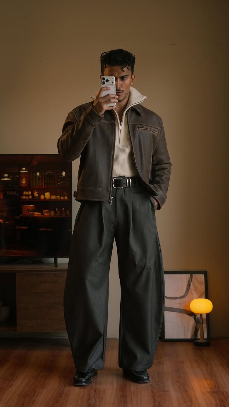Man wearing a brown leather jacket and wide-leg grey trousers taking a mirror selfie.