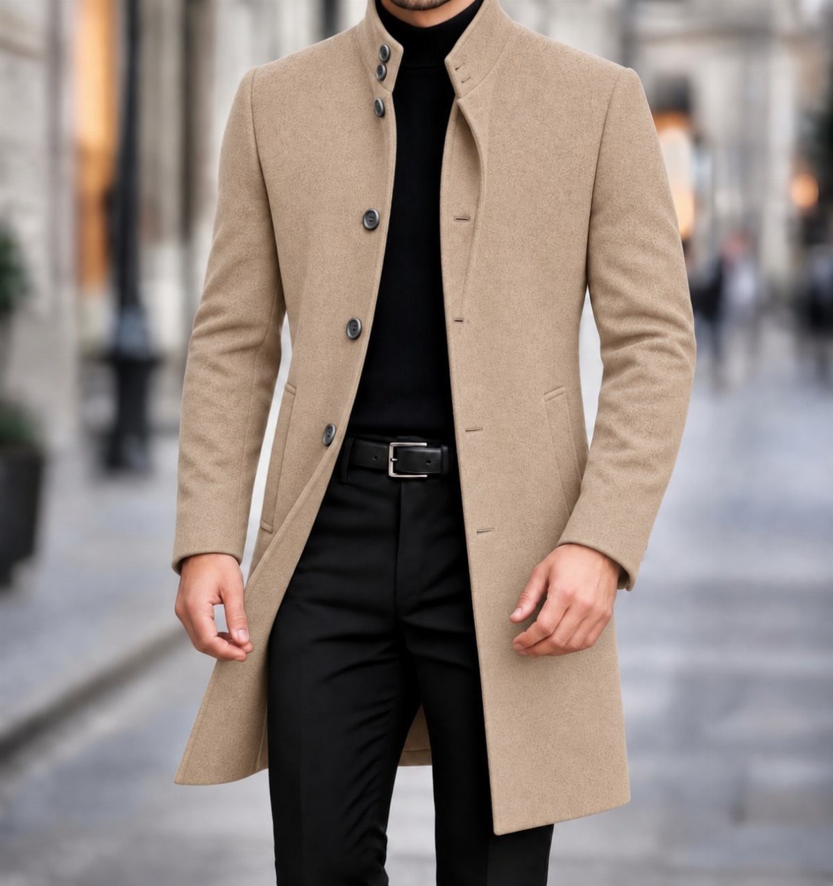 Man wearing a tan mid-length car coat with a black turtleneck and trousers.