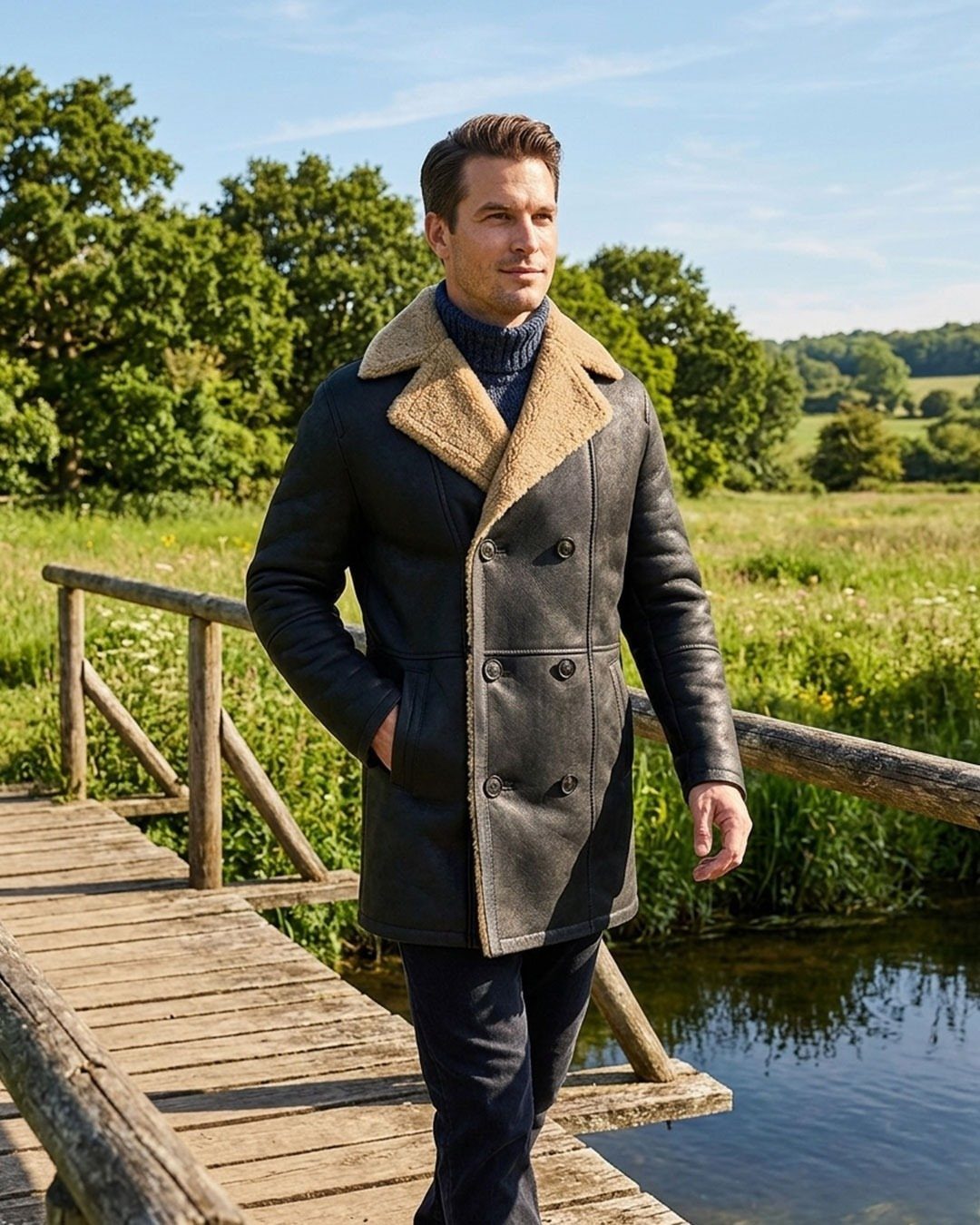Man wearing a black leather shearling coat walking across a rustic wooden bridge.
