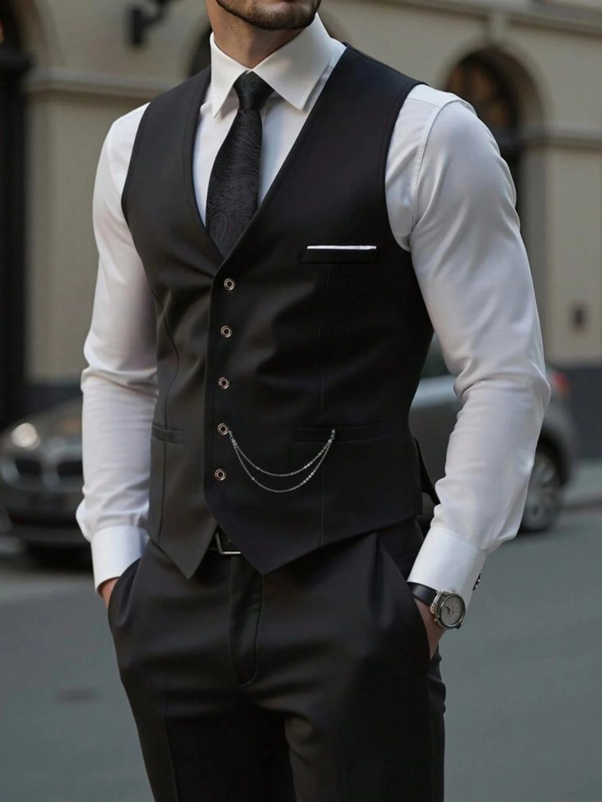 Man in a formal black vest, white shirt, black tie and trousers.