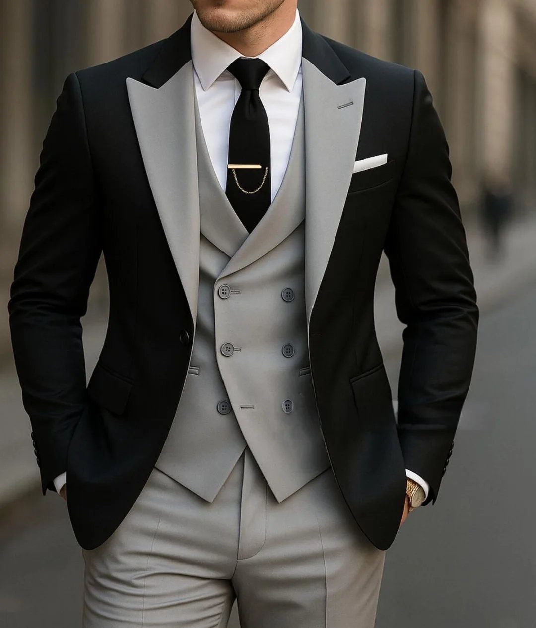 Man wearing a black suit jacket with a contrasting grey double-breasted vest and trousers.