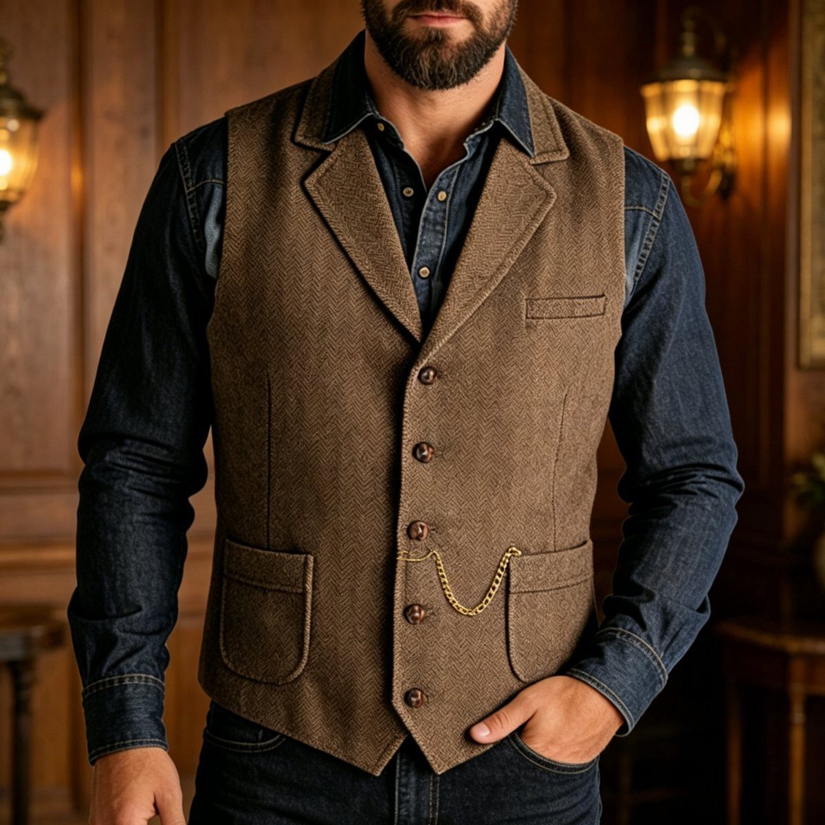 Man wearing a brown tweed vest over a blue denim button-up shirt