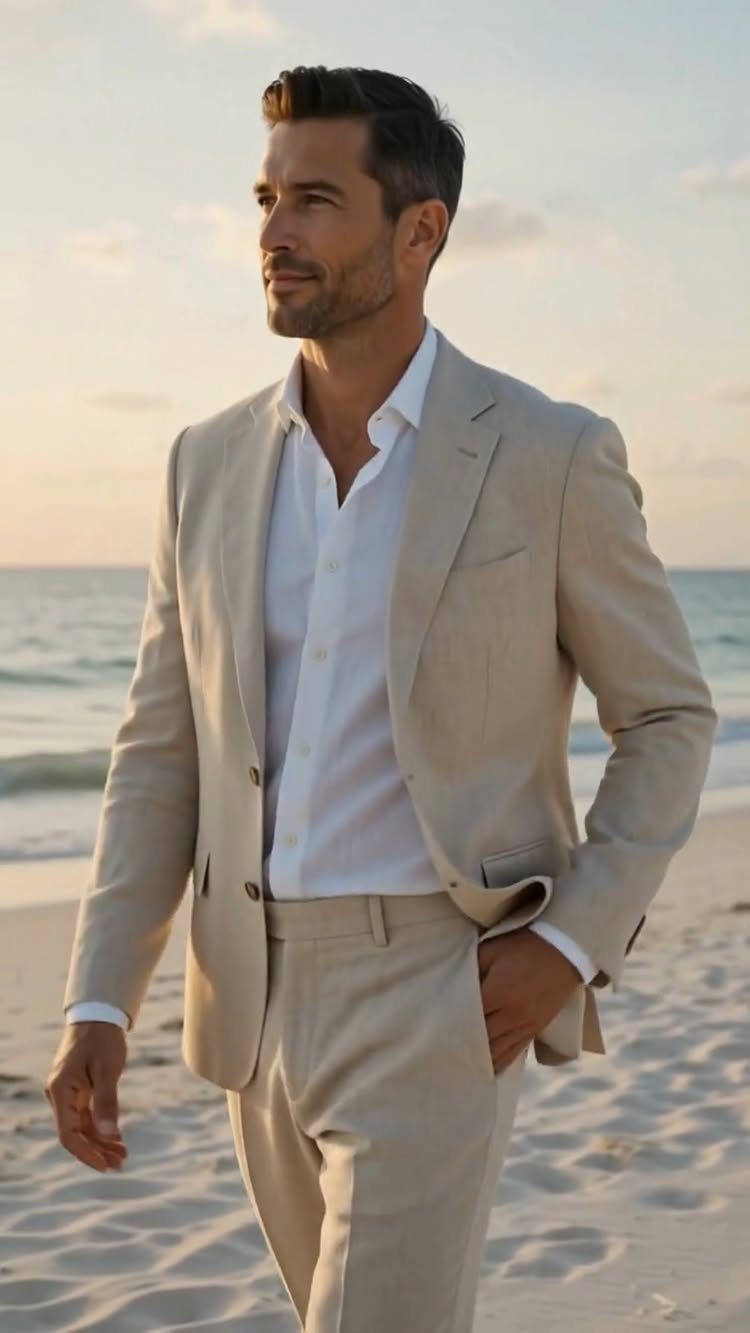 Man in a light beige linen suit and white shirt on a beach