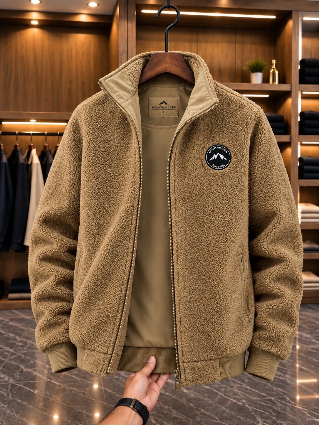 Tan fleece jacket with mountain patch hanging in a wooden luxury closet