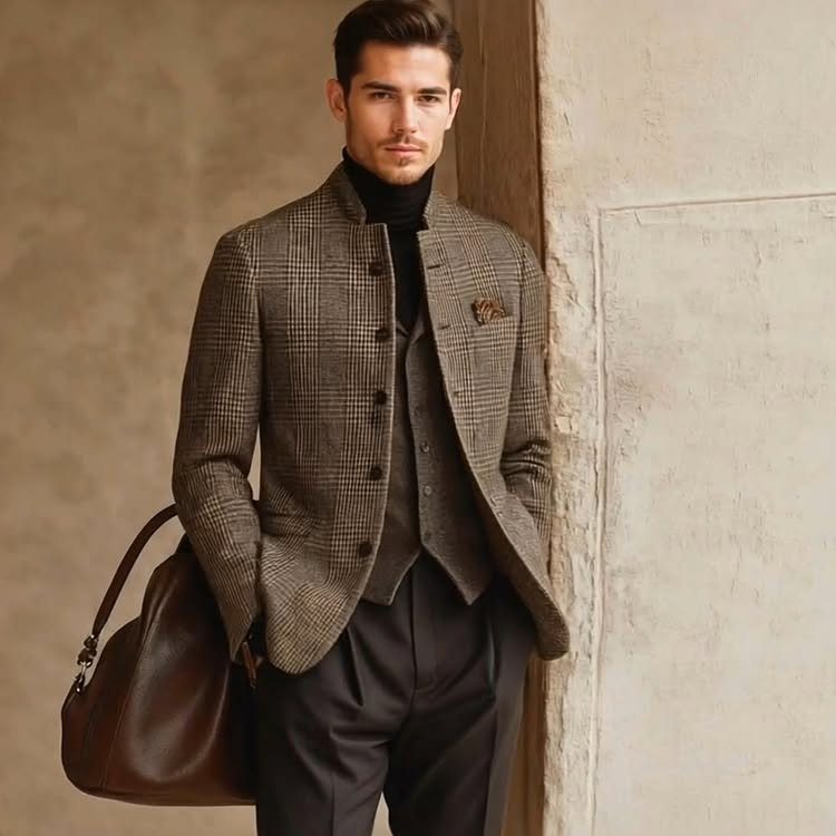 Man in a brown plaid blazer and black turtleneck leaning against a wall