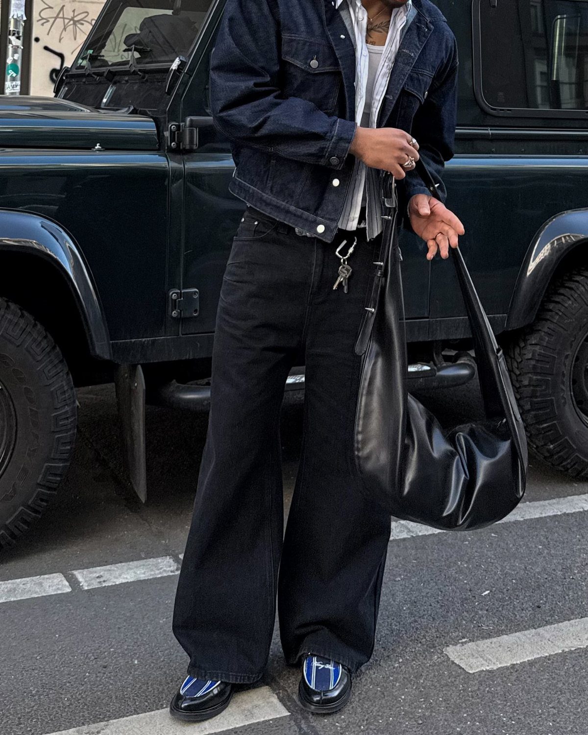 Person wearing a dark denim jacket and wide-leg dark denim jeans with black loafers.